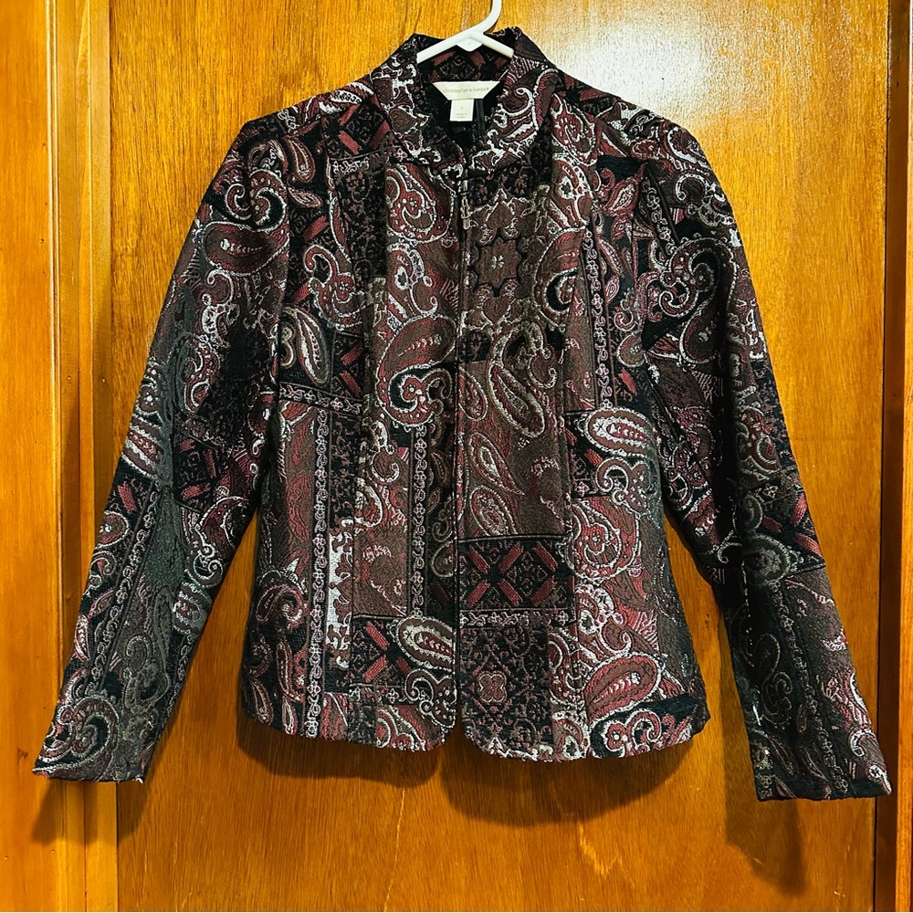 Christopher & Banks Women’s Black‎ Silver Burgundy Paisley Zip Up Coat Sz Small